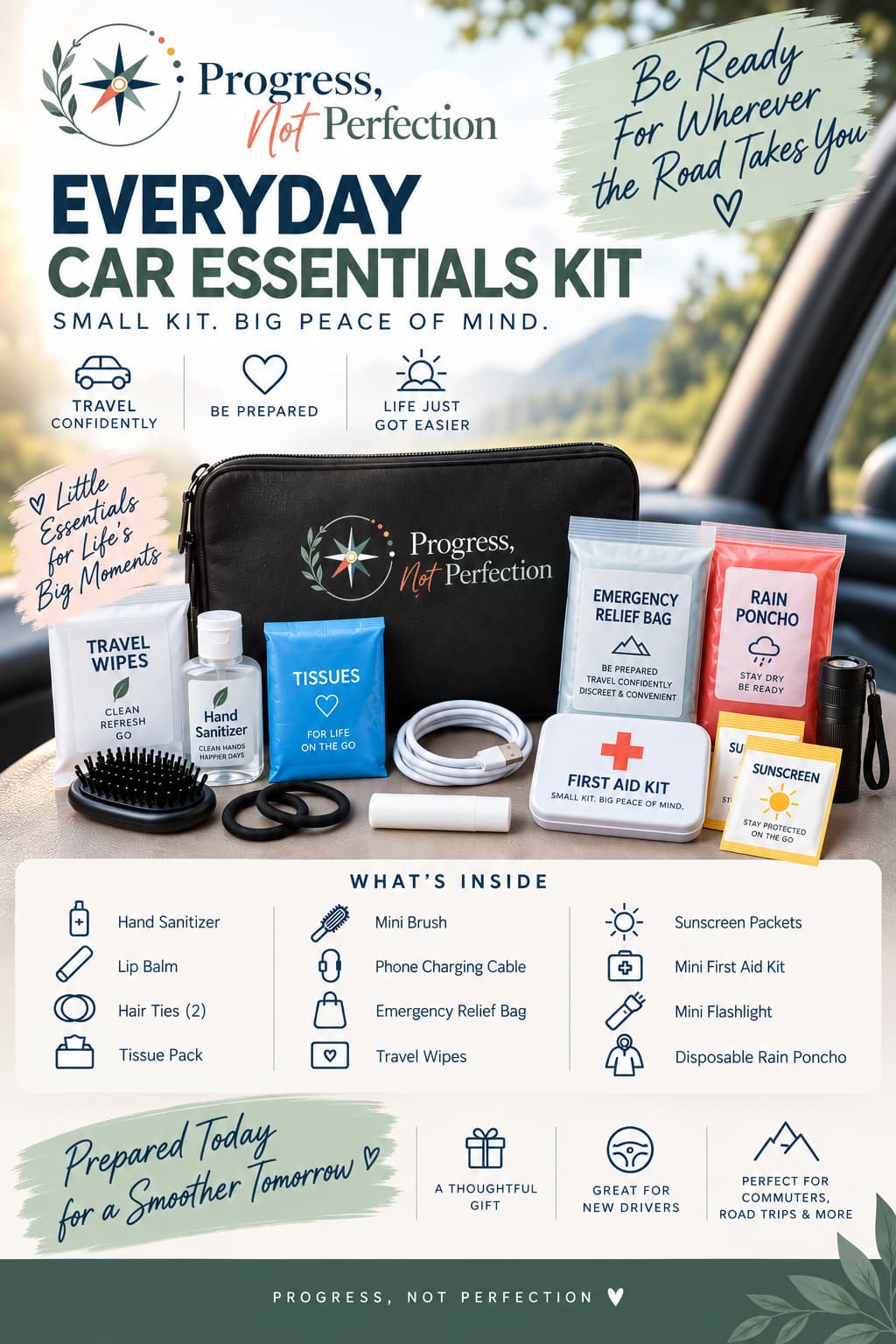 Everyday Car Essentials Kit in the car centre console with charging cable